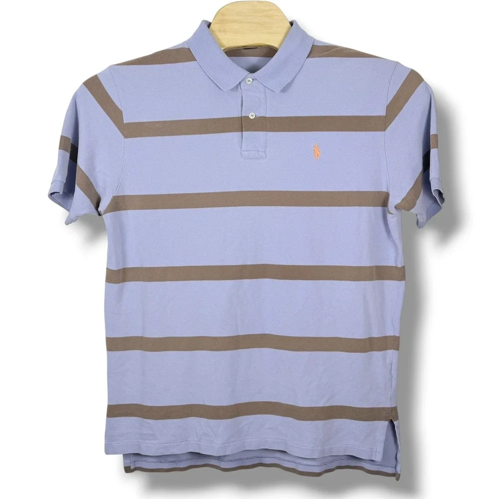 Vintage Polo Ralph Lauren Polo Shirt Men XL Blue Brown Stripe Classic Pony Golf